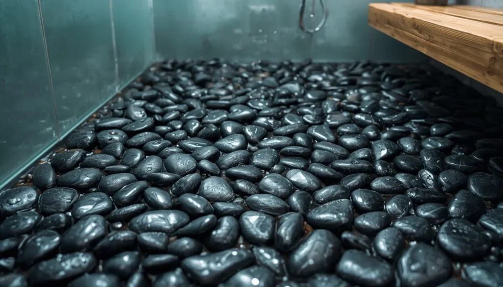 River pebble shower floor in biophilic bathroom design