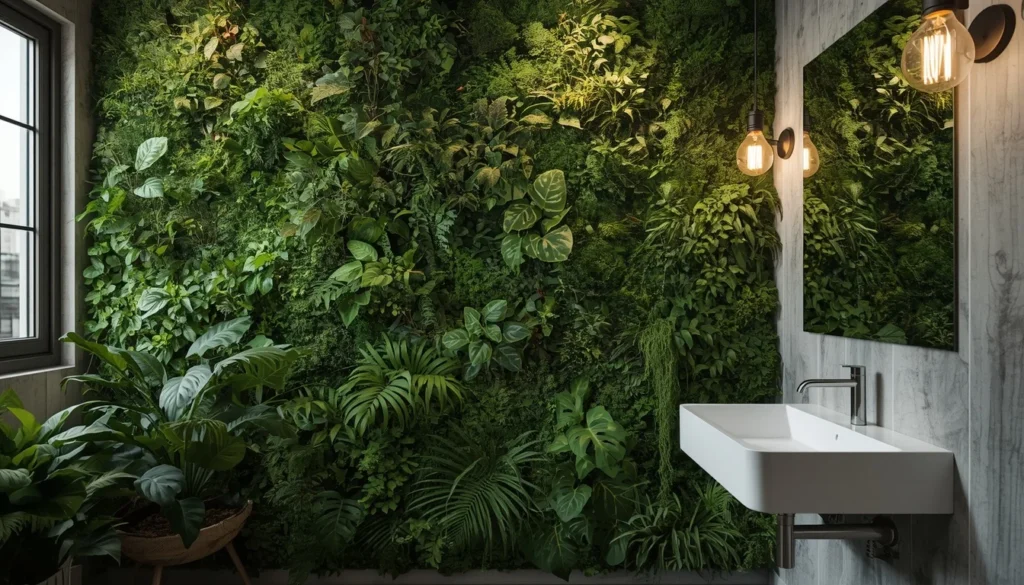 Living plant wall in biophilic bathroom design with ferns and moss