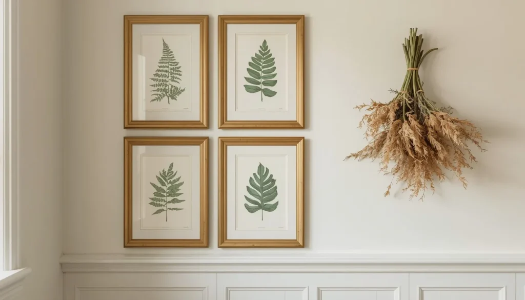 Botanical prints gallery wall in biophilic bathroom design