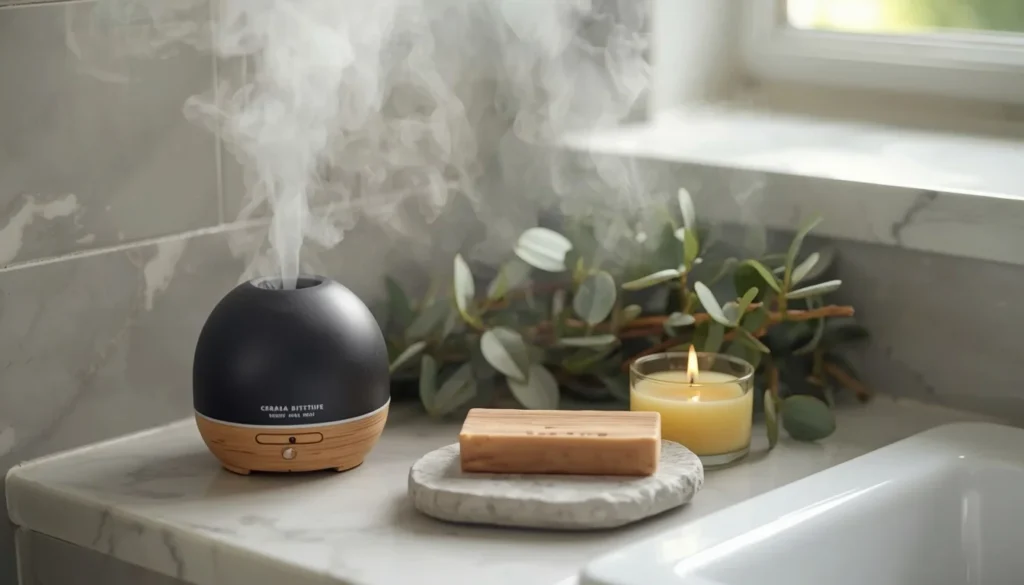 Natural scent elements in biophilic bathroom design — eucalyptus and cedar