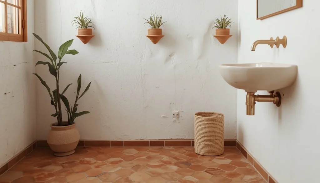 Terracotta hex tiles in biophilic bathroom design with clay accents and brass faucet