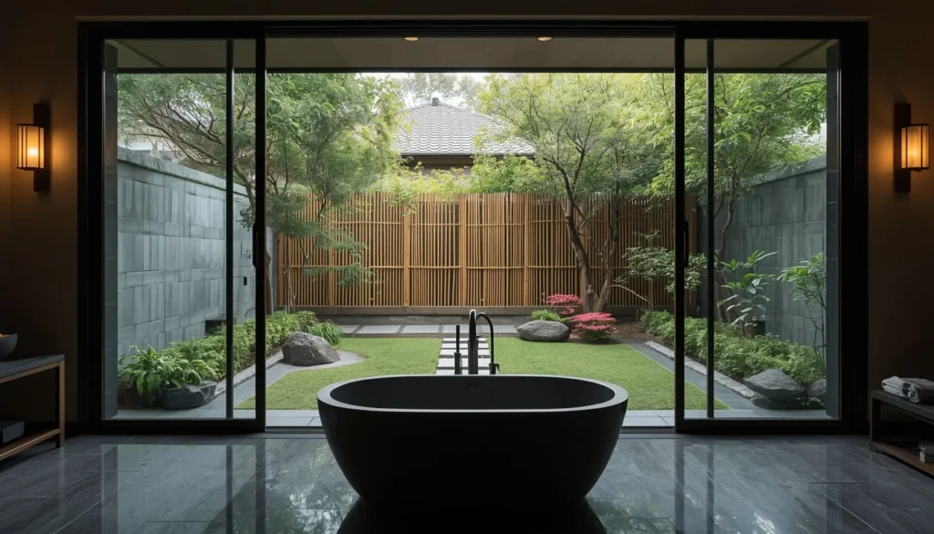 Biophilic bathroom design with outdoor garden connection through glass door