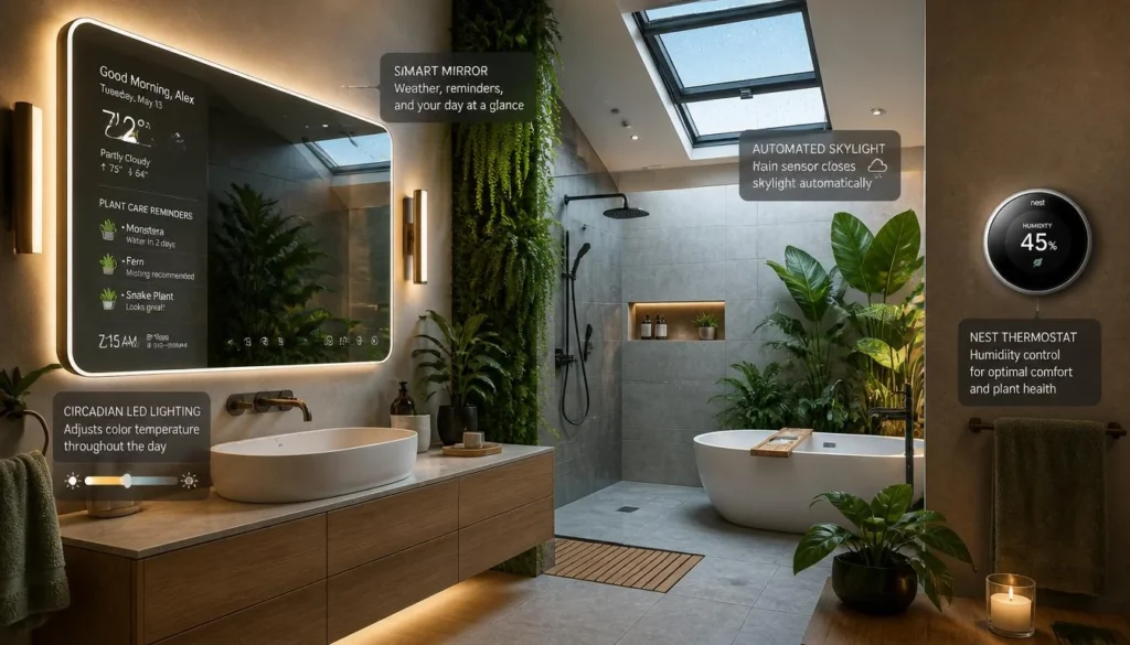 Smart technology integrated into biophilic bathroom design for humidity and lighting control