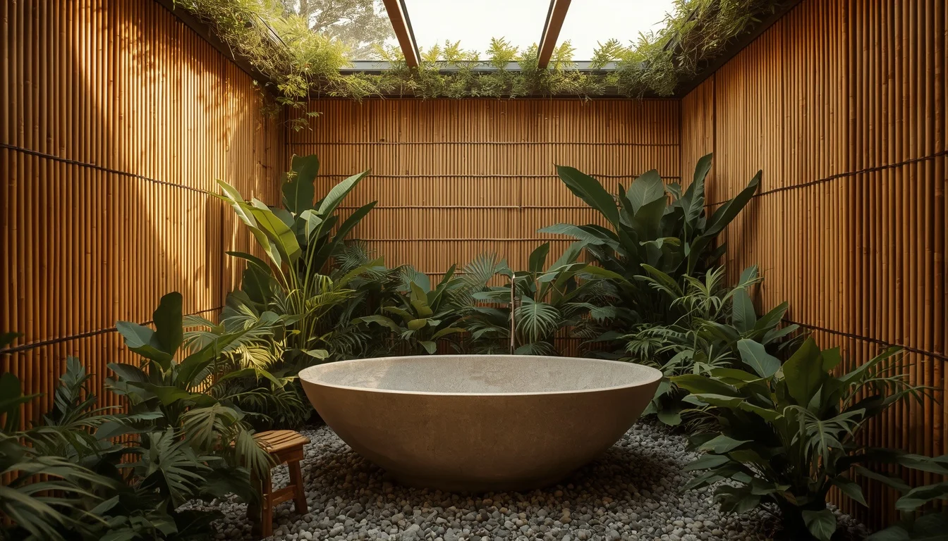 Biophilic bathroom design with natural stone bathtub, tropical plants, bamboo walls, and skylight — spa-inspired nature retreat