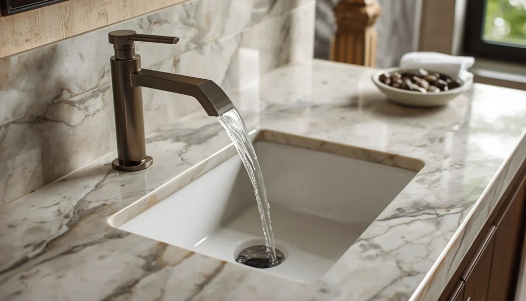 Natural stone marble countertop in biophilic bathroom design