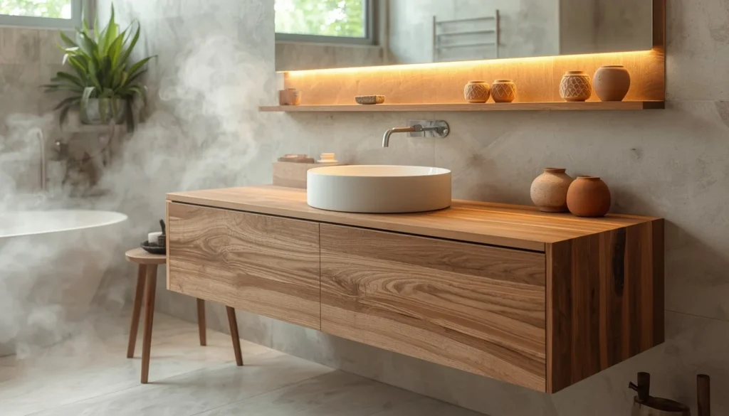 Teak wood vanity in biophilic bathroom with natural steam and warm lighting