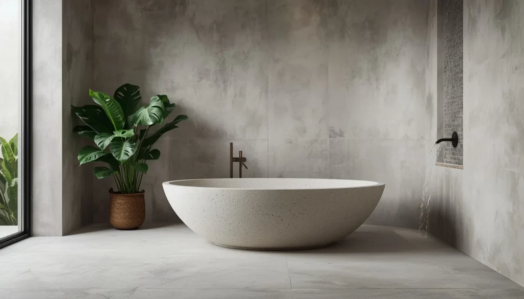 Organic curved bathtub shape in biophilic bathroom interior design