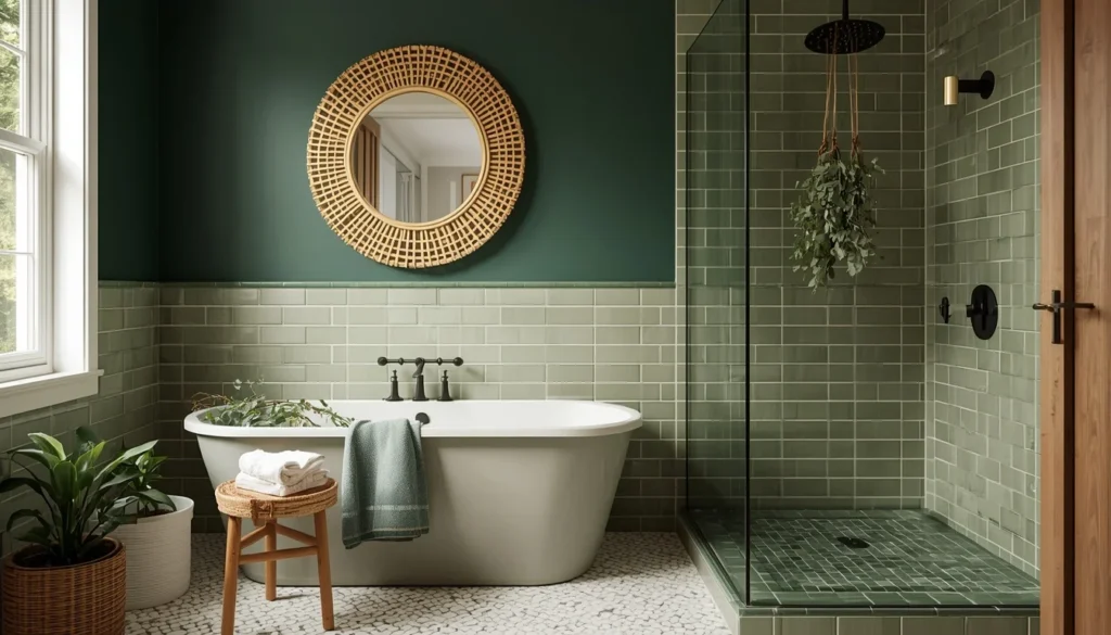 Earthy green color palette in biophilic bathroom design with rattan and eucalyptus