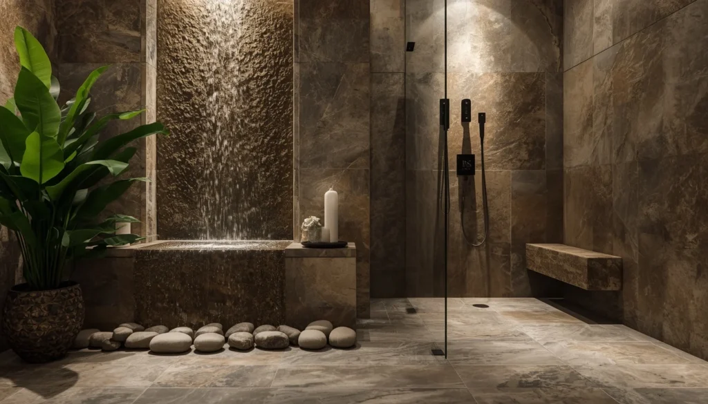 Water feature wall in biophilic bathroom design with river stones and tropical plants