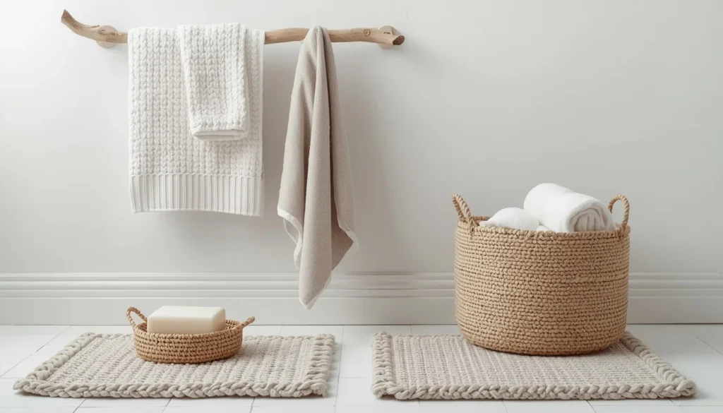 Natural fiber textiles in biophilic bathroom — linen towels and rattan accessories