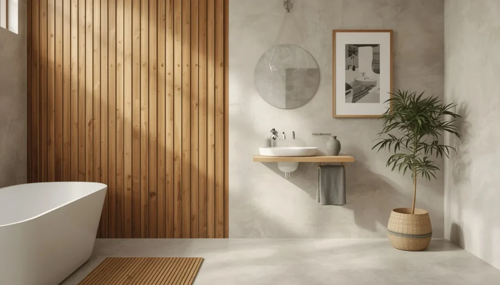 Bamboo wall panels and accessories in biophilic bathroom design