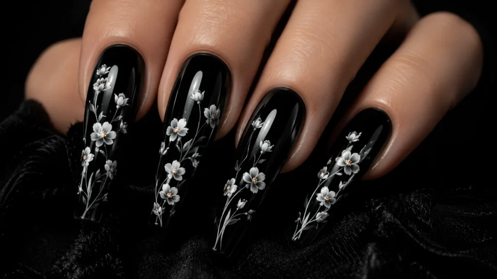 black acrylic nail ideas with white floral nail art on coffin shape