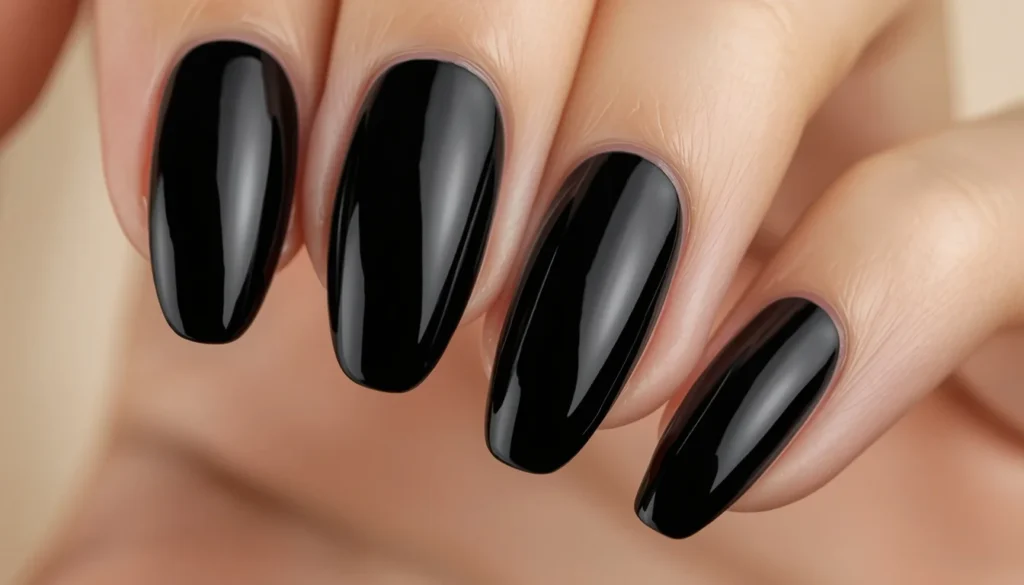 classic glossy black nail ideas on almond shaped nails 2026