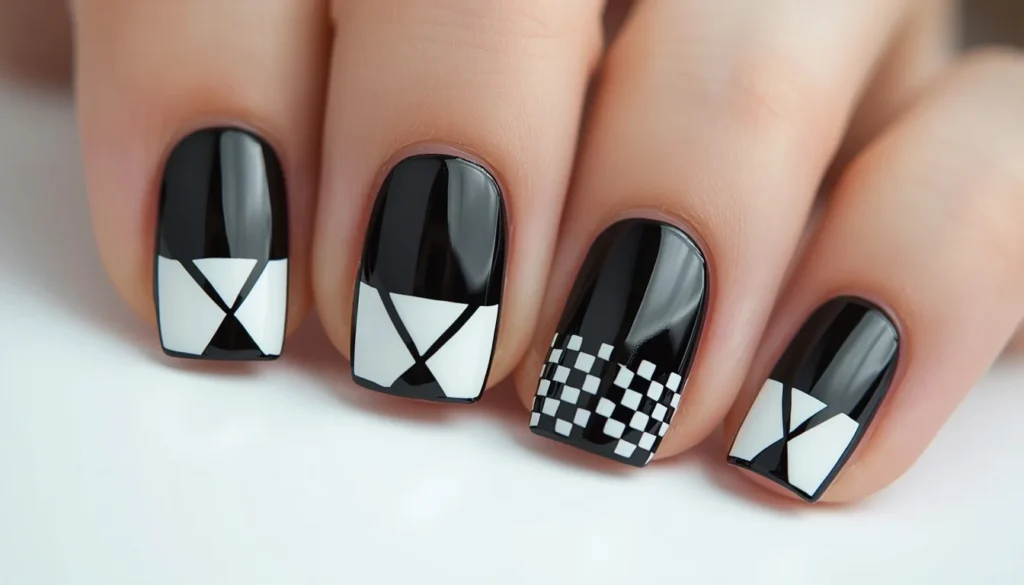 black and white geometric nail ideas with minimalist line art 2026