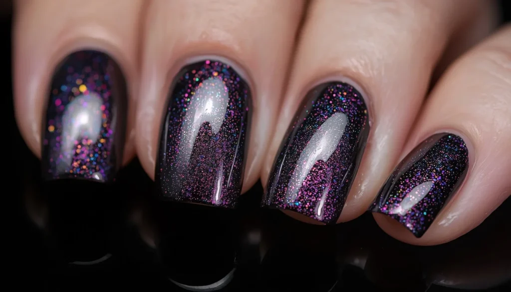  black holographic nail ideas with rainbow shimmer shifting colors 2026 trend