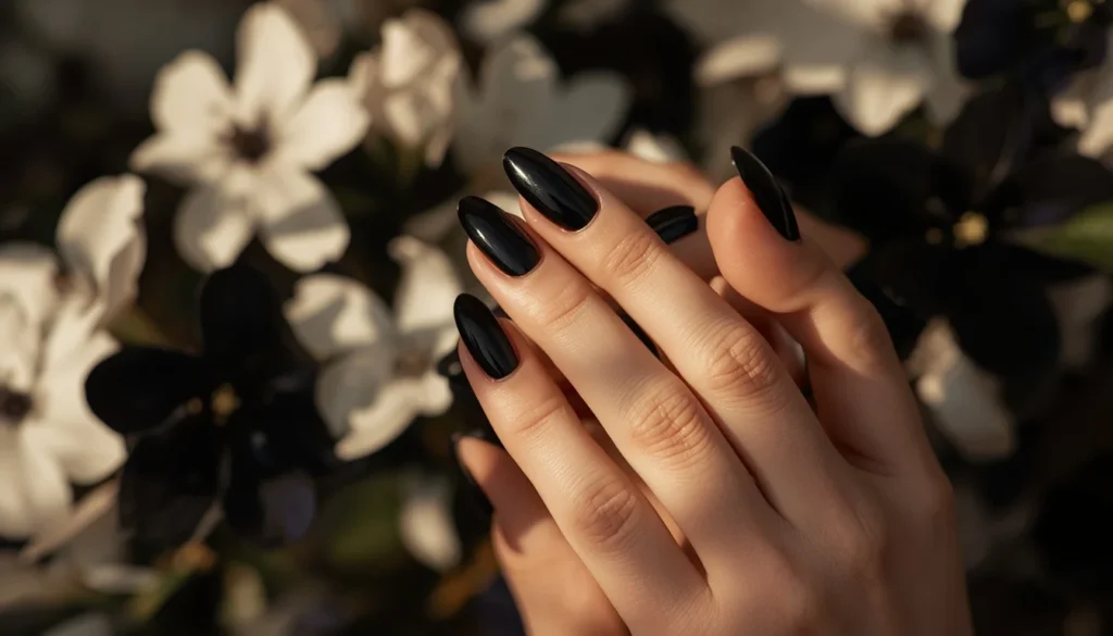 black almond nail ideas with glossy finish elongating finger shape