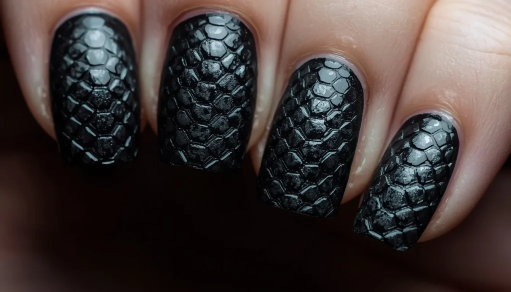 black snake print nail ideas with textured scale pattern dark aesthetic