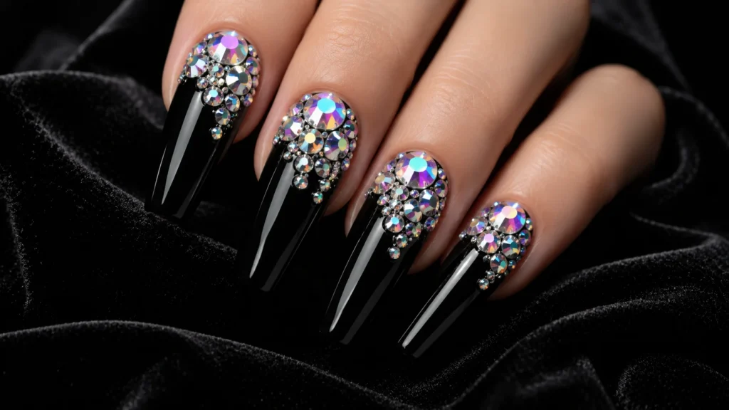 black nail ideas with crystal rhinestones for glamorous event nails