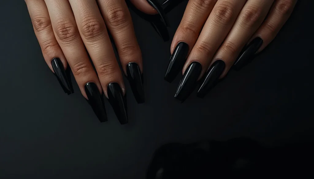 black coffin nail ideas with glossy finish for bold power statement
