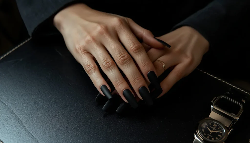 matte black nail ideas on coffin shape nails for a sophisticated look