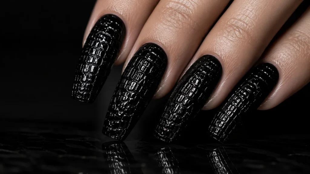 black croc print nail ideas with textured luxury 3D effect 2026 nail trend
