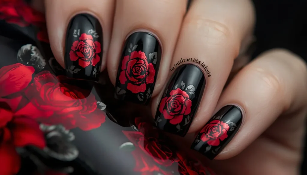 black floral nail ideas with dark red roses gothic romantic aesthetic