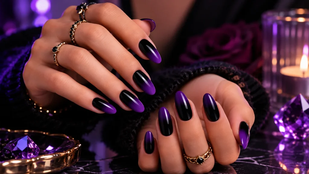 black ombre nail ideas with purple gradient sophisticated moody look
