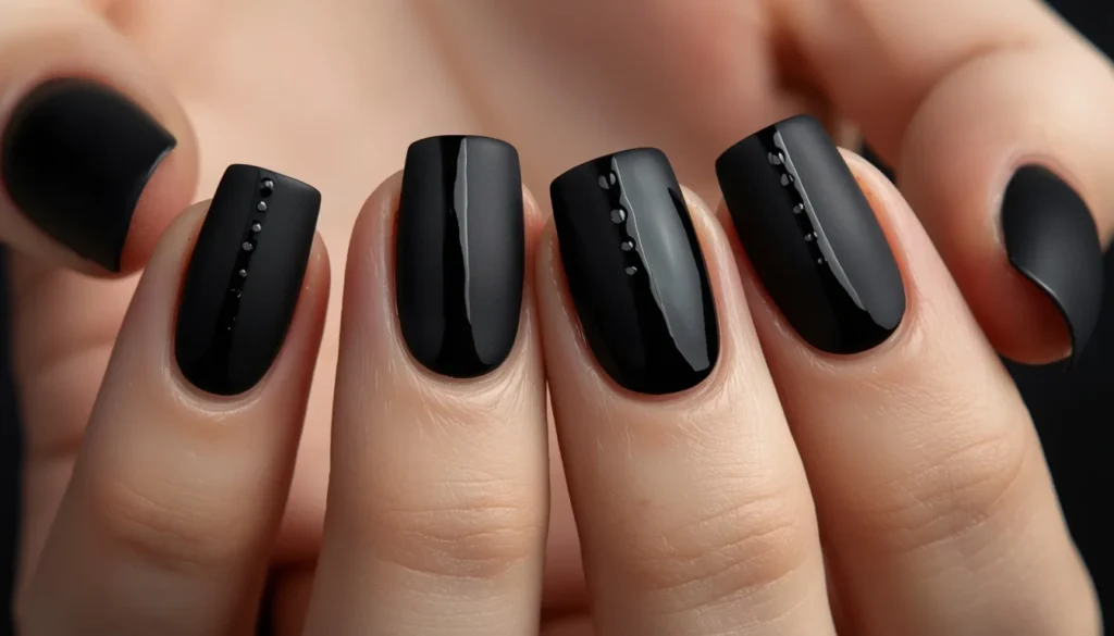 matte black nail ideas with glossy stripe accents dual texture effect