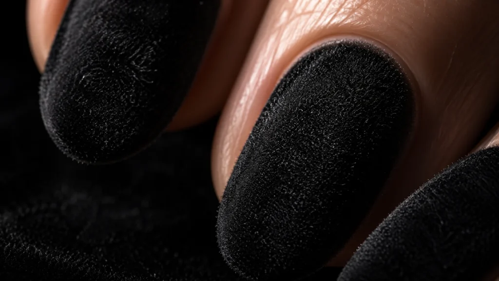  black velvet nail ideas with flocked texture finish luxurious dark aesthetic