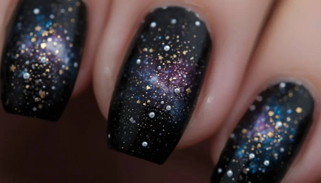  black galaxy nail ideas with star nebula art cosmic space aesthetic 2026