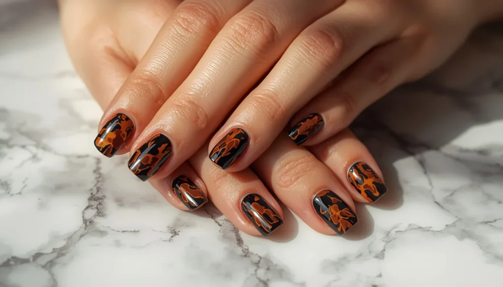 black tortoiseshell nail ideas with amber brown swirl pattern unexpected 2026 trend
