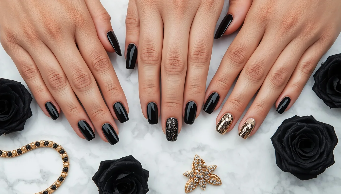 stunning black nail ideas collection featuring matte chrome glitter and glossy finishes 2026 trending nail art