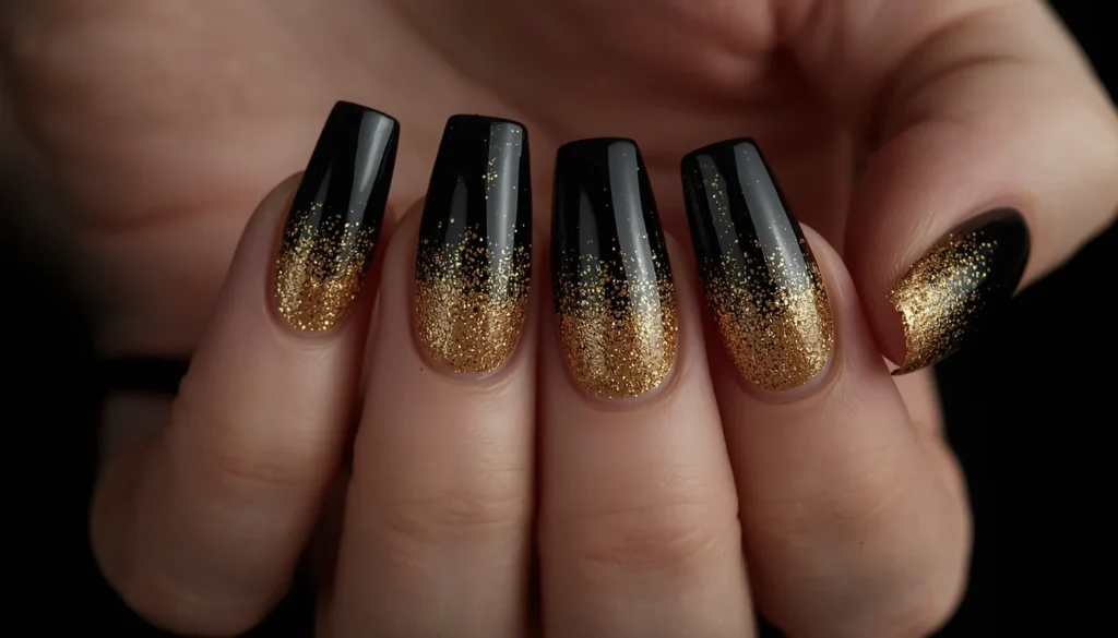 black glitter ombre nail ideas with gold gradient for party looks