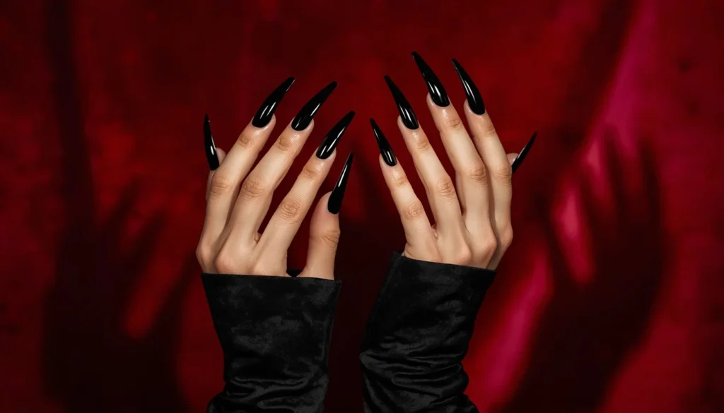 black stiletto nail ideas with high gloss finish for dramatic editorial look