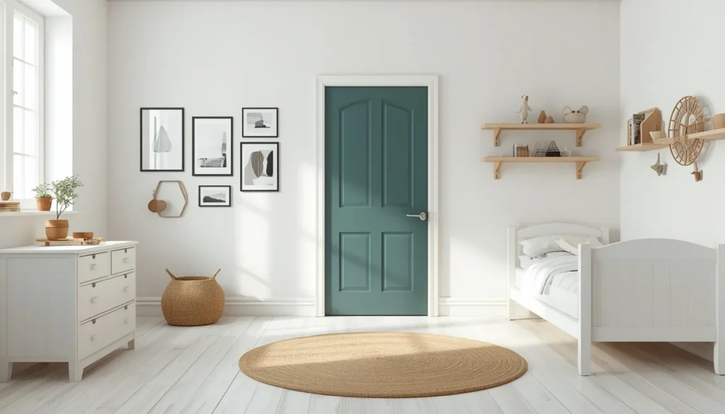 minimalist white children's bedroom with teal pop of color accent door paint idea