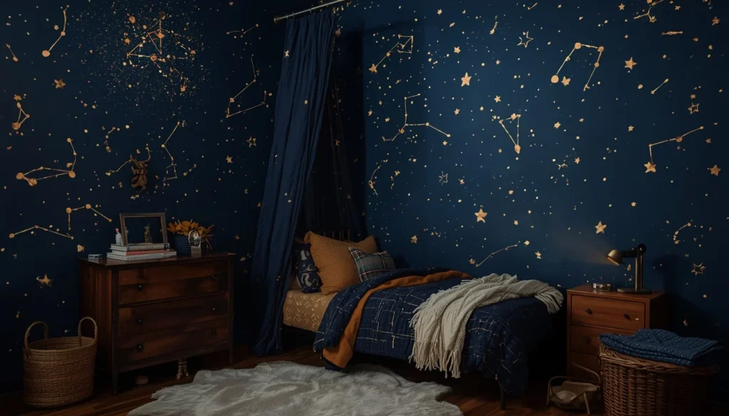 celestial stargazer children's room paint idea 2026 midnight blue constellation wall