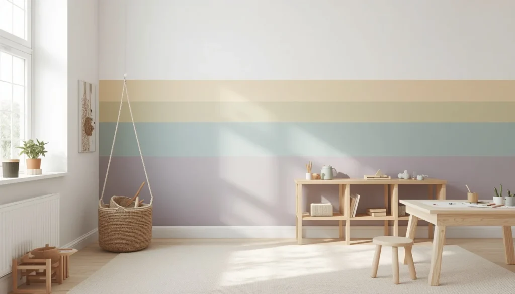 bold rainbow stripe accent wall children's playroom paint idea 2026