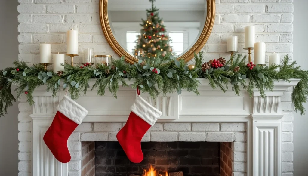  Christmas mantel decorating living room ideas 2026 — pine garland, stockings, pillar candles and gold mirror above fireplace