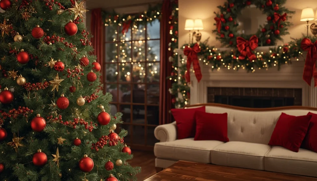 decorating living room christmas ideas — classic red and green Christmas tree with fireplace and garlands