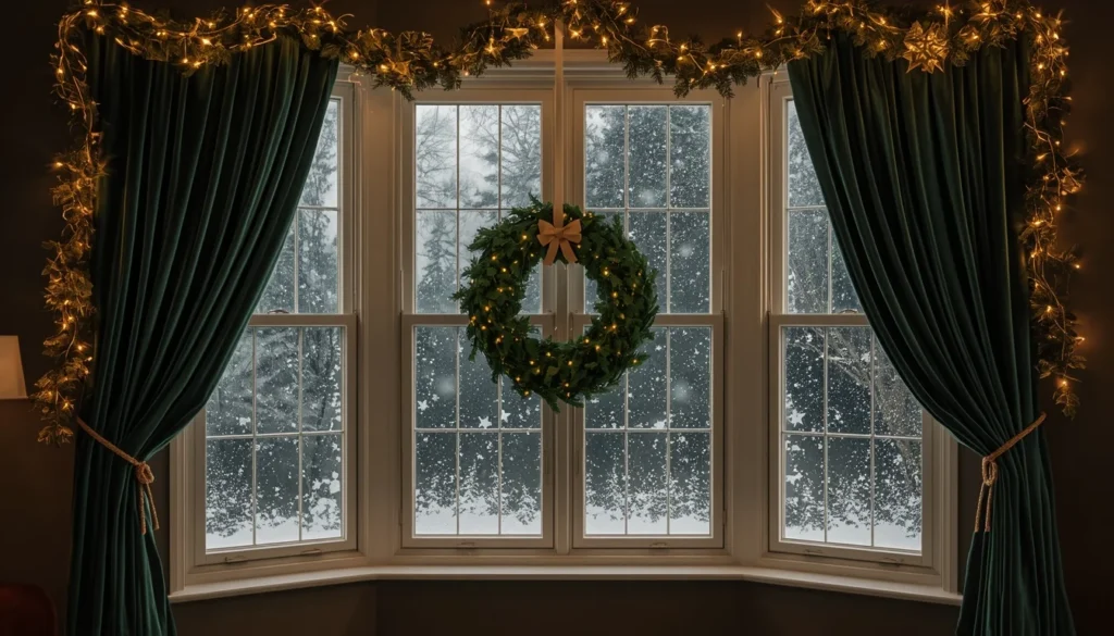  window christmas decorating living room ideas — fairy lights frame, green velvet curtains, hanging wreath and frosted snowflake window spray