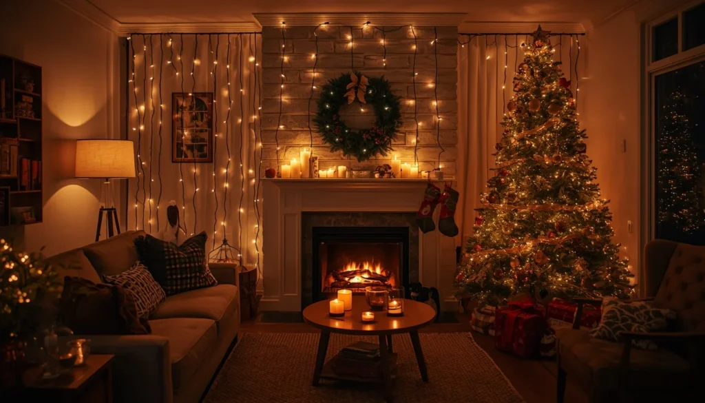lighting first decorating living room christmas ideas — layered warm light sources, fairy light curtain, Edison strings and candle glow
