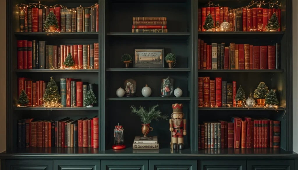 bookshelf christmas nook decorating living room ideas — fairy lights, bottle brush trees, colour-arranged books and holly sprigs
