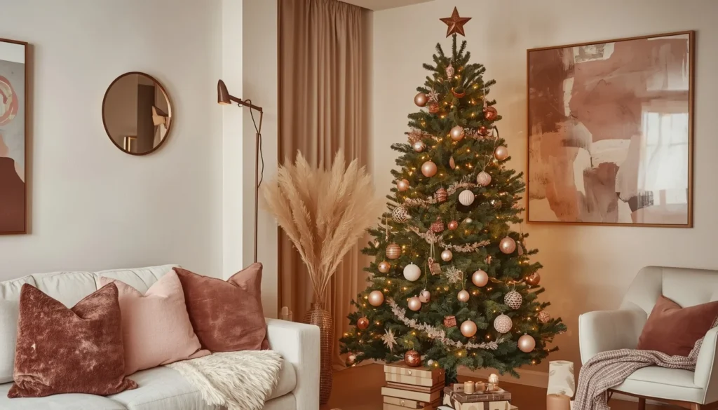 non-traditional decorating living room christmas ideas — blush pink tree with copper ornaments, pampas grass and modern boho holiday decor