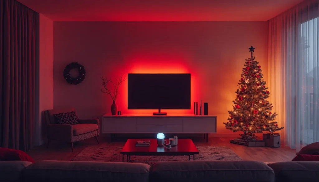 smart home tech integrated decorating living room christmas ideas 2026 — Philips Hue smart lights, LED strips and voice-controlled Christmas mood lighting