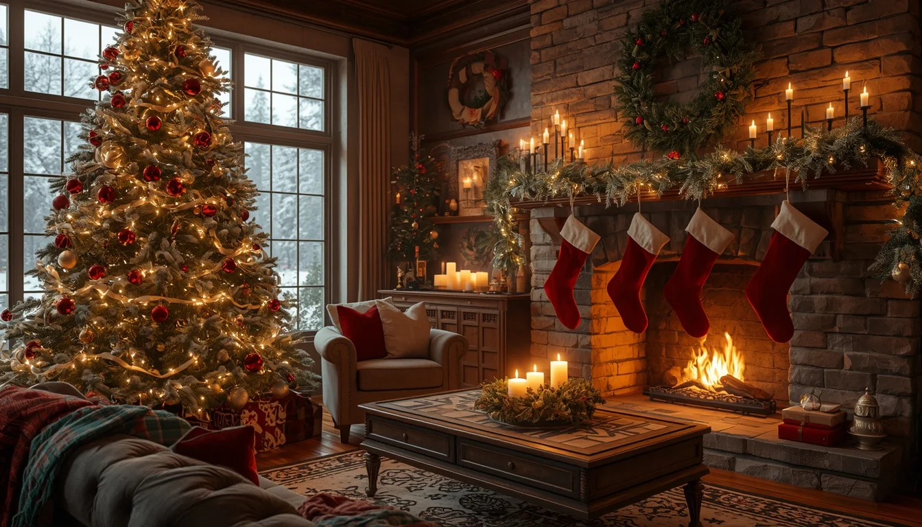 decorating living room christmas ideas 2026 — cozy fireplace with Christmas tree, red stockings, fairy lights and garlands
