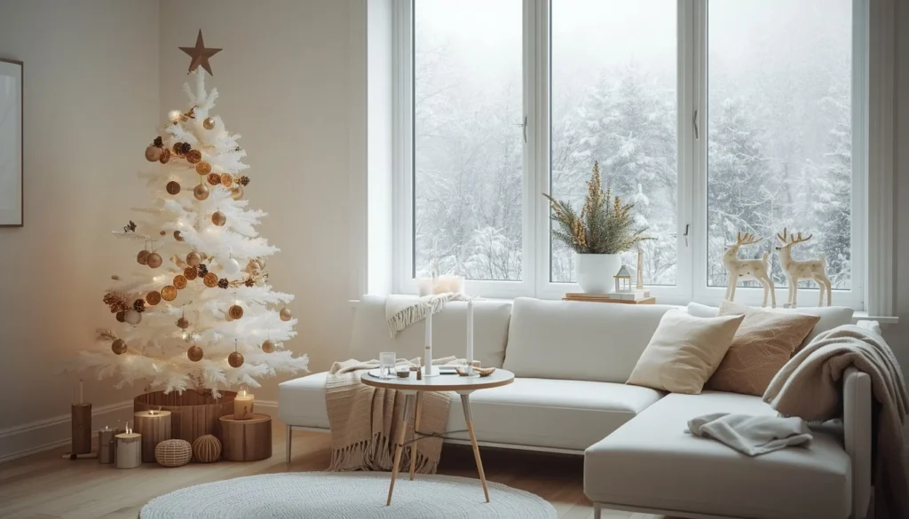  Scandi minimalist decorating living room christmas ideas — white tree, wooden decor, hygge candlelight ambiance