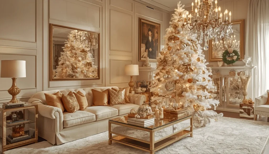 gold and white christmas living room decorating ideas 2026 — glamorous flocked tree with gold ornaments and velvet sofa