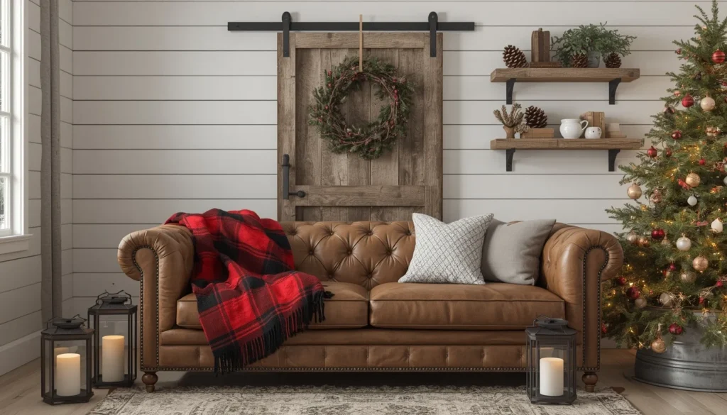 rustic farmhouse decorating living room christmas ideas — buffalo plaid, mason jars, barn door wreath and shiplap walls