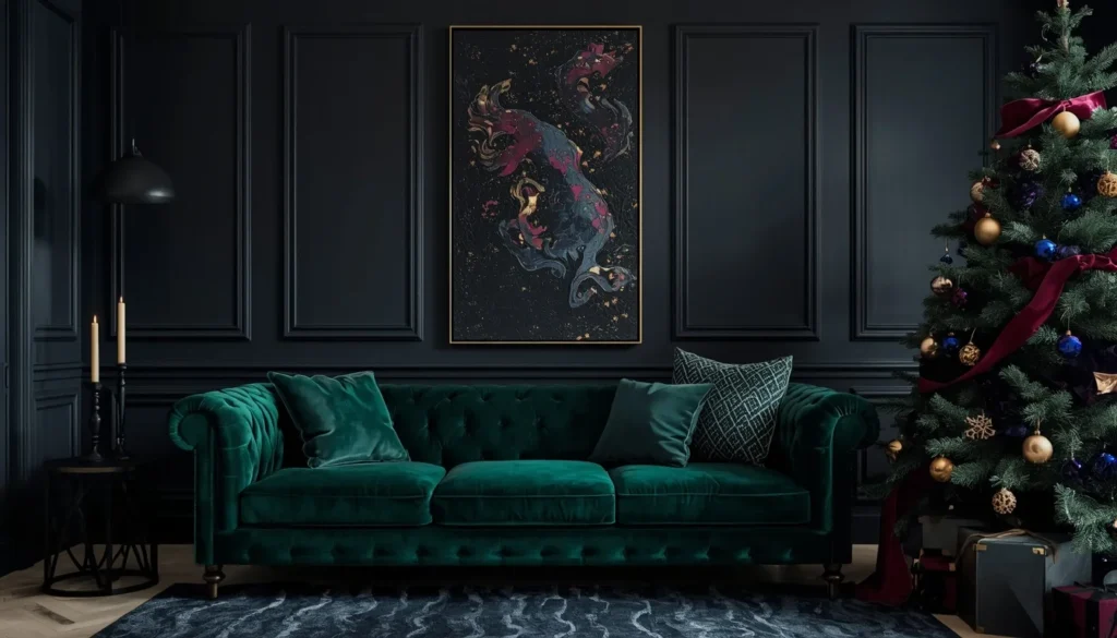 dark moody jewel tone decorating living room christmas ideas — emerald sofa, sapphire ornaments, dramatic holiday decor