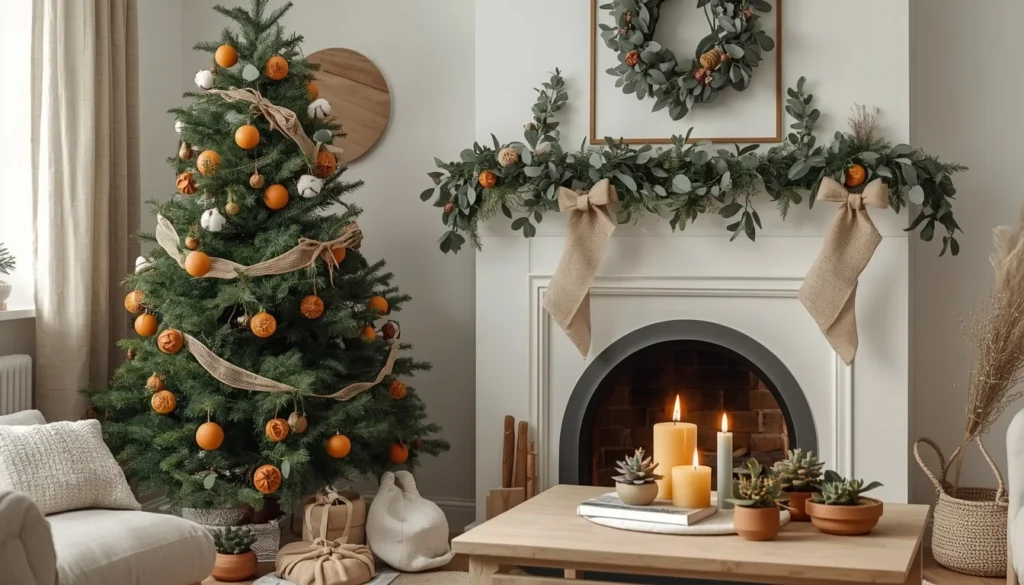 organic natural decorating living room christmas ideas — dried oranges, eucalyptus garland, beeswax candles and pine tree